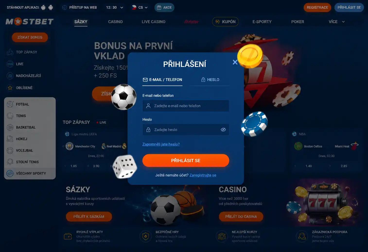 Přihlašovací okno Mostbet