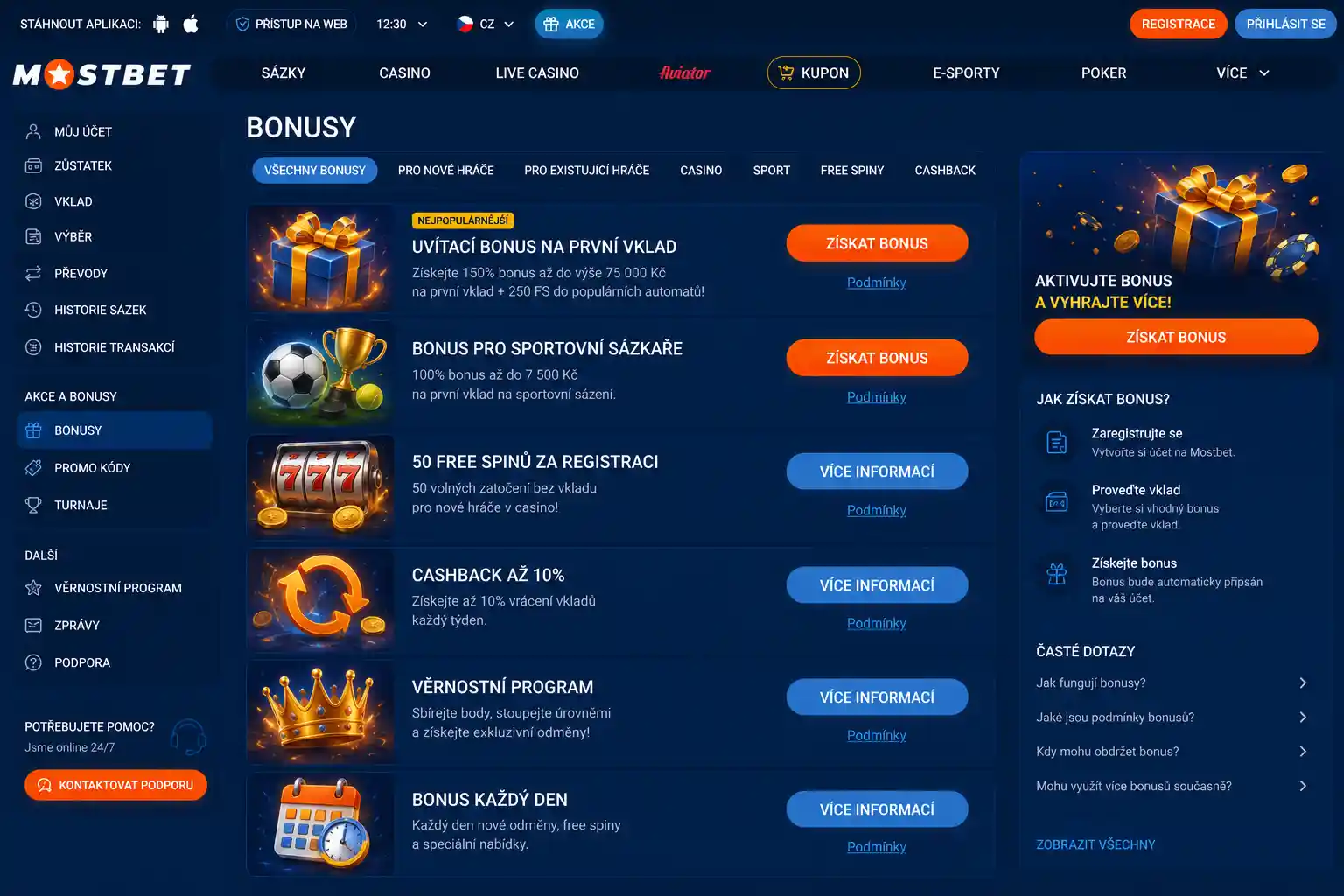 Přehled sekce Bonusy na webu Mostbet