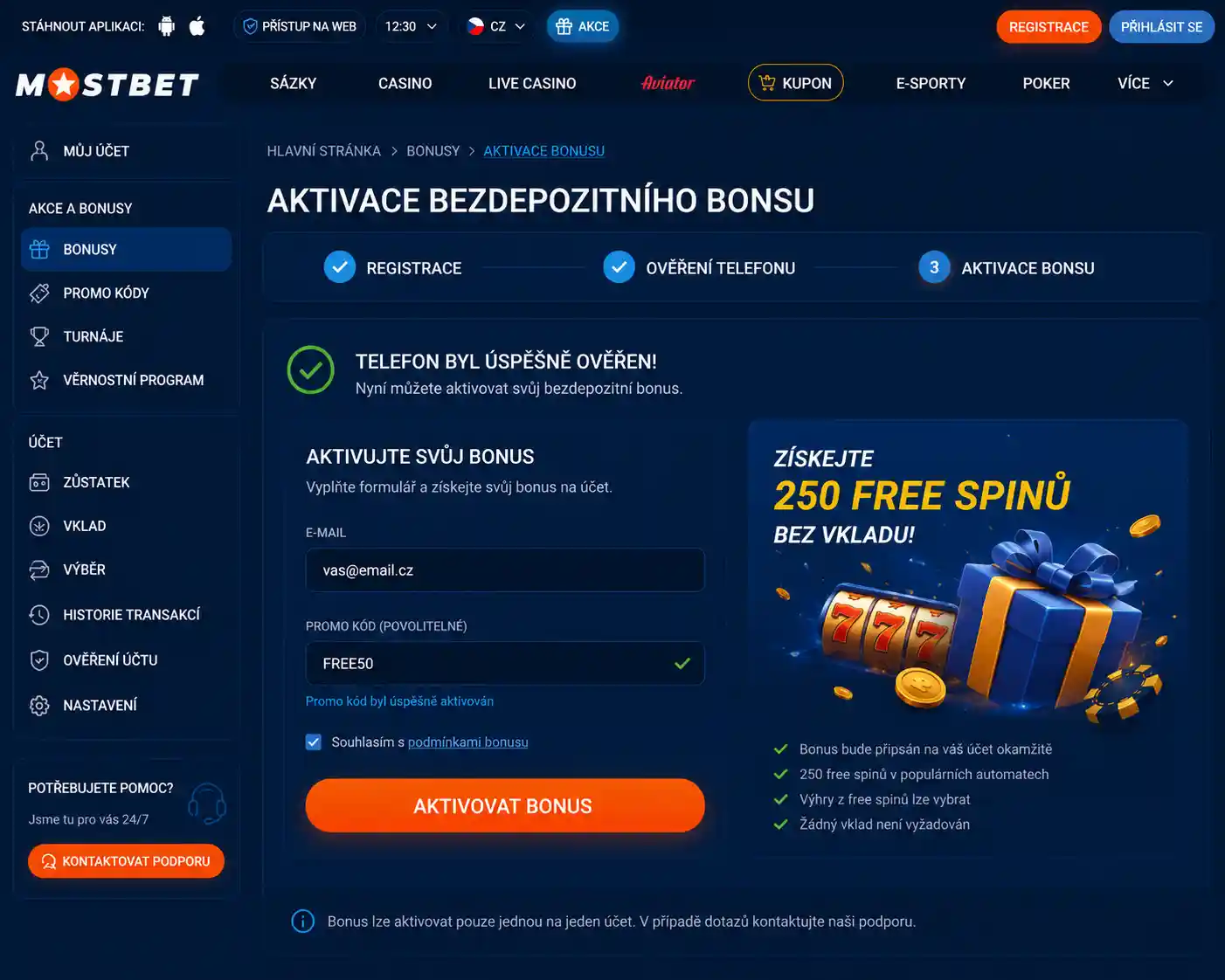 Formulář pro aktivaci bonusu bez vkladu